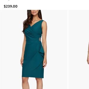 Alex Evenings Teal Blue Evening Dress with Silver Crystal Brooch